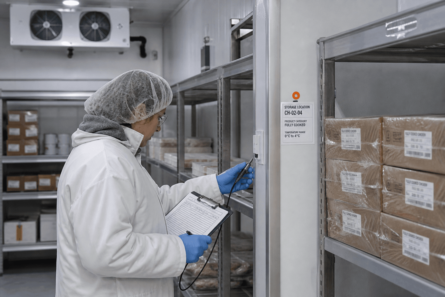 Conceptual cold-storage verification with a quality professional checking a controlled location