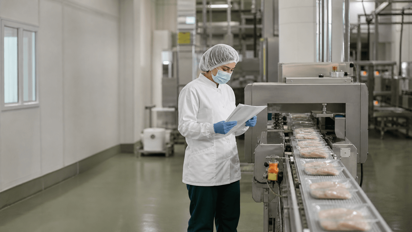 Conceptual food production environment with a quality professional reviewing a controlled record beside the line