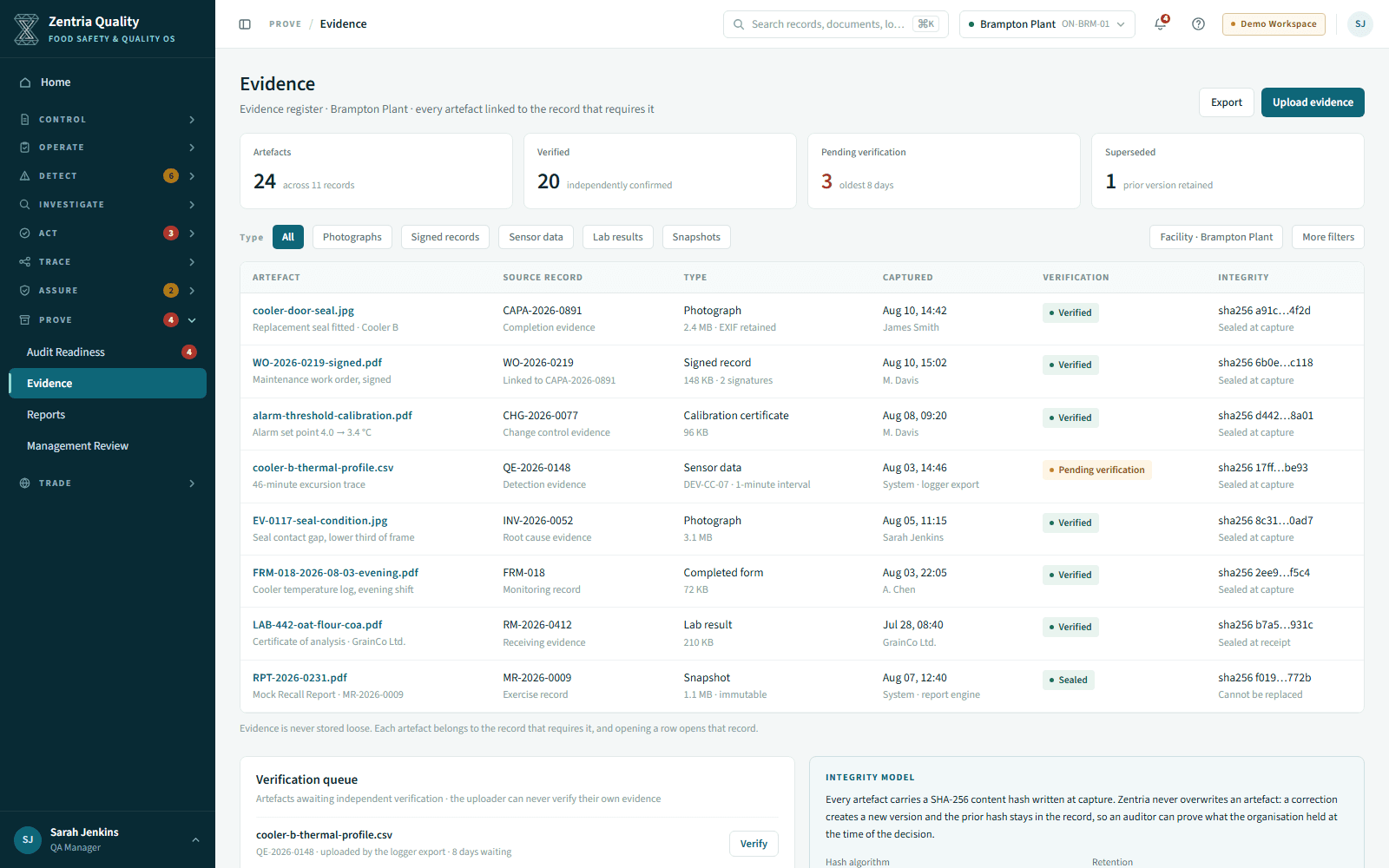 Zentria evidence register showing linked artefacts, source records, verification state, and integrity information